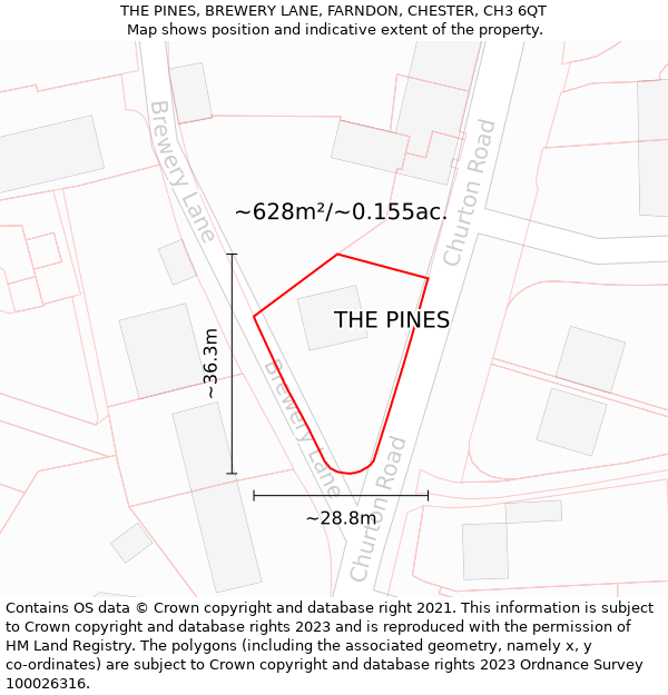 THE PINES, BREWERY LANE, FARNDON, CHESTER, CH3 6QT: Plot and title map