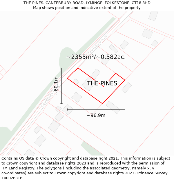 THE PINES, CANTERBURY ROAD, LYMINGE, FOLKESTONE, CT18 8HD: Plot and title map