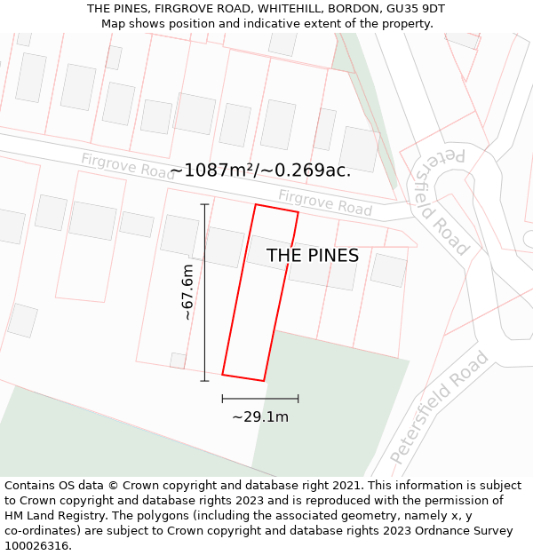 THE PINES, FIRGROVE ROAD, WHITEHILL, BORDON, GU35 9DT: Plot and title map