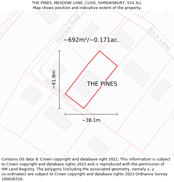 THE PINES, MEADOW LANE, CLIVE, SHREWSBURY, SY4 3LL: Plot and title map