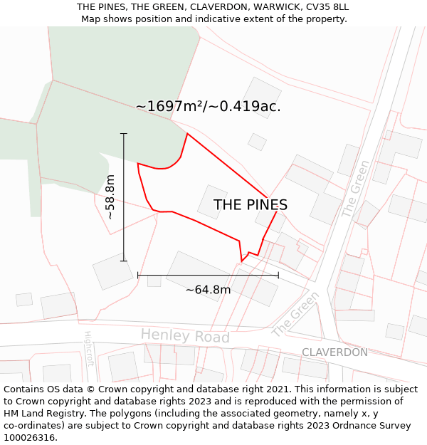 THE PINES, THE GREEN, CLAVERDON, WARWICK, CV35 8LL: Plot and title map