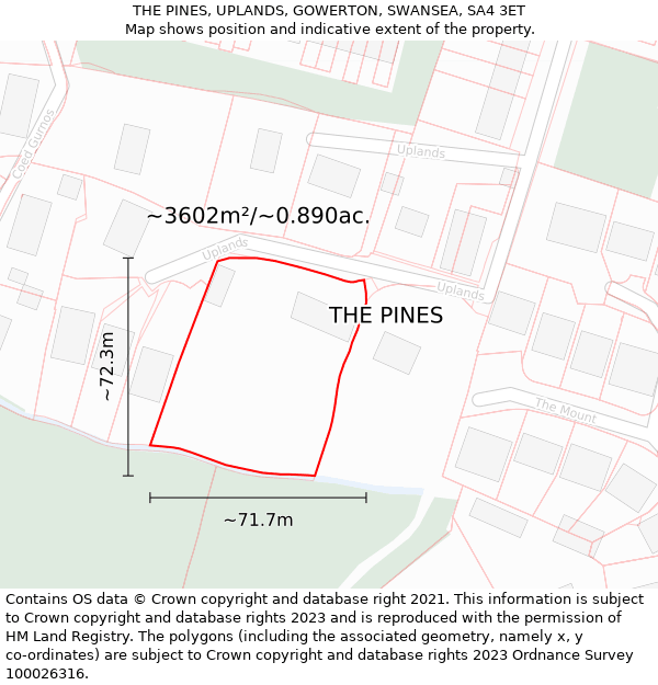 THE PINES, UPLANDS, GOWERTON, SWANSEA, SA4 3ET: Plot and title map