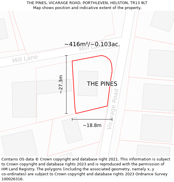 THE PINES, VICARAGE ROAD, PORTHLEVEN, HELSTON, TR13 9LT: Plot and title map