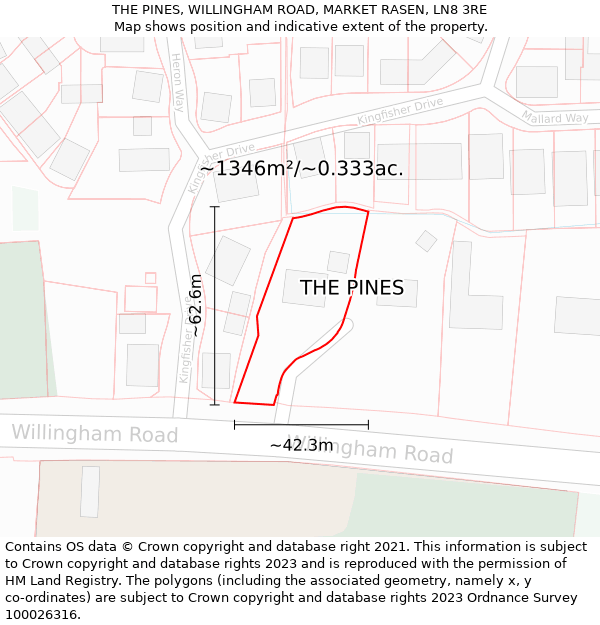 THE PINES, WILLINGHAM ROAD, MARKET RASEN, LN8 3RE: Plot and title map