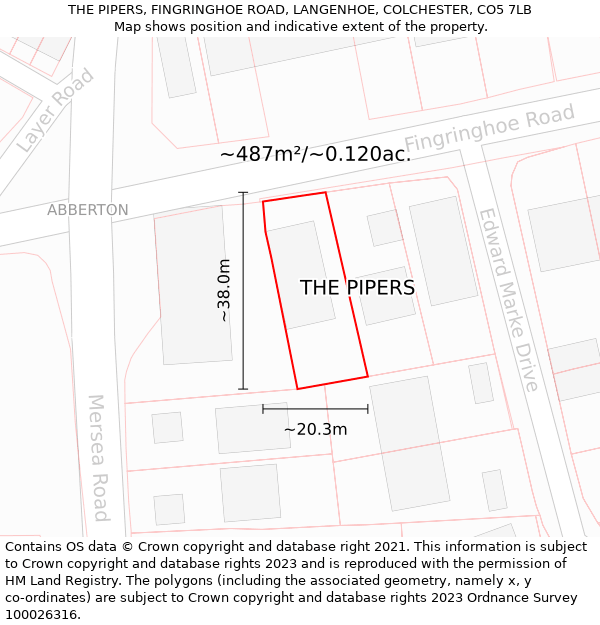 THE PIPERS, FINGRINGHOE ROAD, LANGENHOE, COLCHESTER, CO5 7LB: Plot and title map