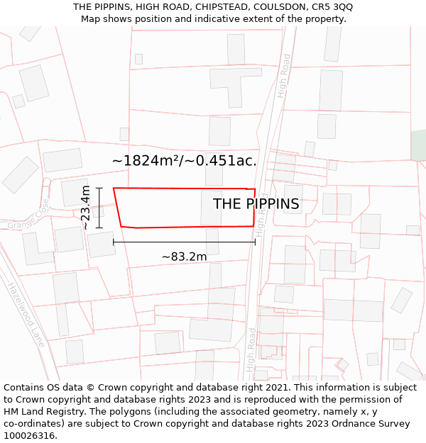 THE PIPPINS, HIGH ROAD, CHIPSTEAD, COULSDON, CR5 3QQ: Plot and title map