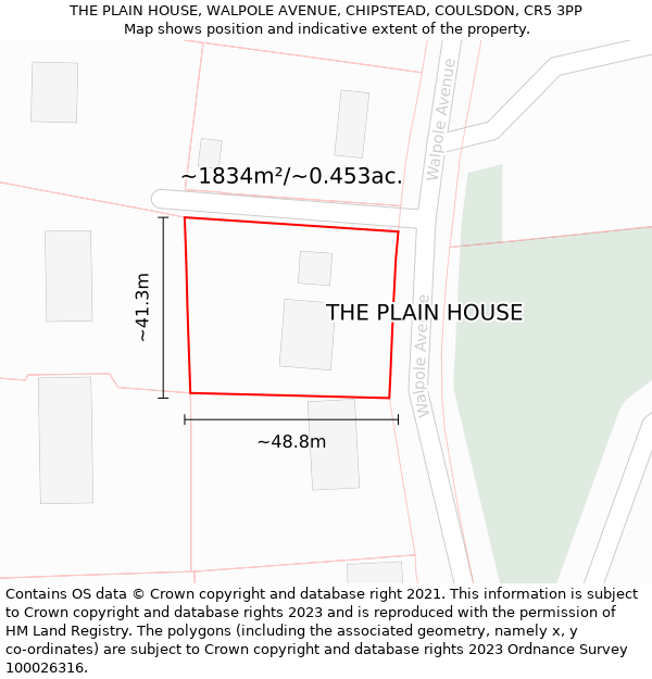 THE PLAIN HOUSE, WALPOLE AVENUE, CHIPSTEAD, COULSDON, CR5 3PP: Plot and title map