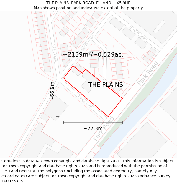 THE PLAINS, PARK ROAD, ELLAND, HX5 9HP: Plot and title map