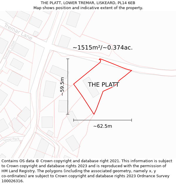 THE PLATT, LOWER TREMAR, LISKEARD, PL14 6EB: Plot and title map