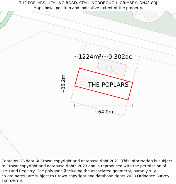 THE POPLARS, HEALING ROAD, STALLINGBOROUGH, GRIMSBY, DN41 8BJ: Plot and title map