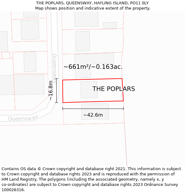 THE POPLARS, QUEENSWAY, HAYLING ISLAND, PO11 0LY: Plot and title map