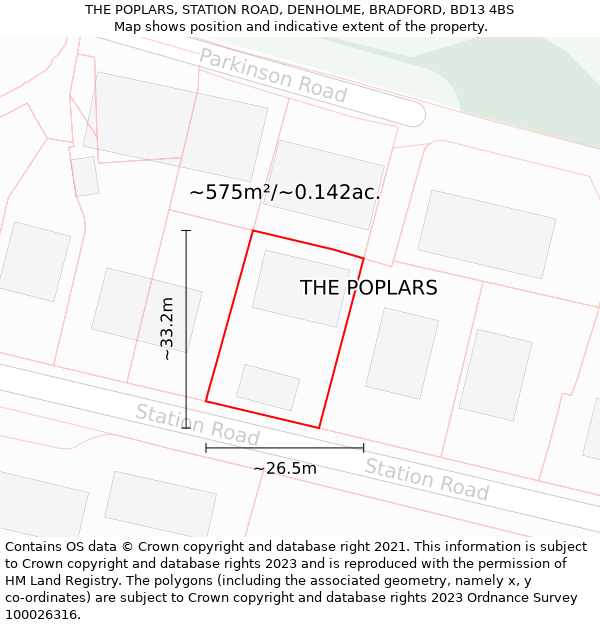 THE POPLARS, STATION ROAD, DENHOLME, BRADFORD, BD13 4BS: Plot and title map
