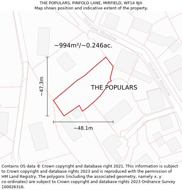 THE POPULARS, PINFOLD LANE, MIRFIELD, WF14 9JA: Plot and title map