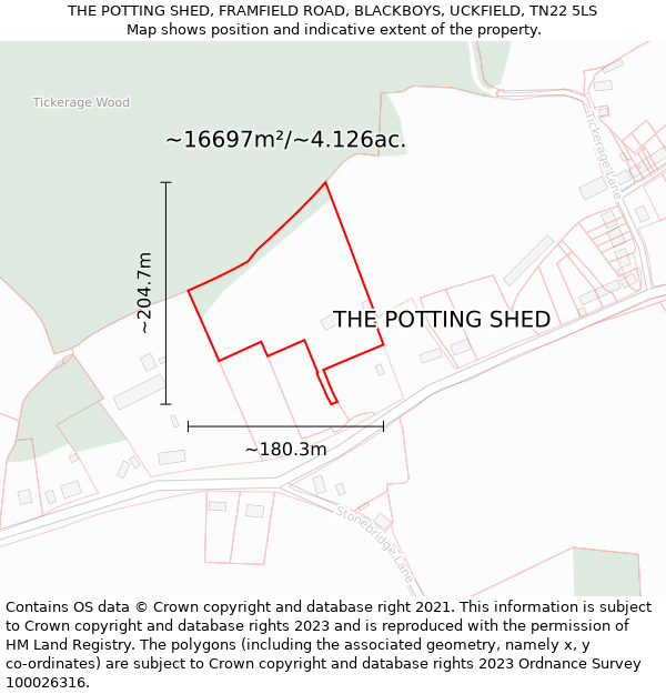 THE POTTING SHED, FRAMFIELD ROAD, BLACKBOYS, UCKFIELD, TN22 5LS: Plot and title map