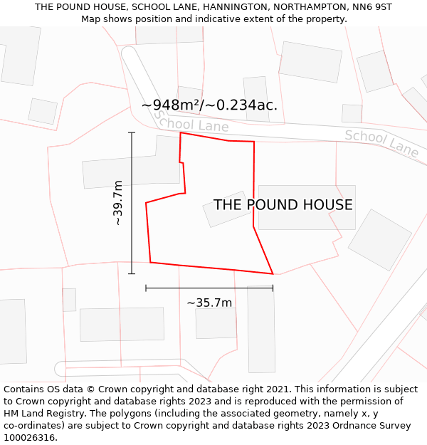 THE POUND HOUSE, SCHOOL LANE, HANNINGTON, NORTHAMPTON, NN6 9ST: Plot and title map
