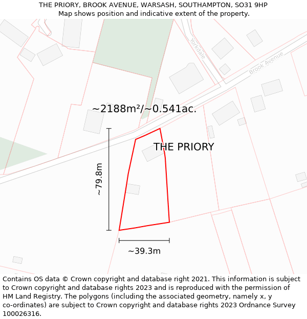 THE PRIORY, BROOK AVENUE, WARSASH, SOUTHAMPTON, SO31 9HP: Plot and title map