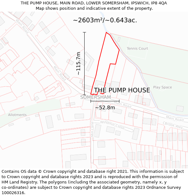THE PUMP HOUSE, MAIN ROAD, LOWER SOMERSHAM, IPSWICH, IP8 4QA: Plot and title map