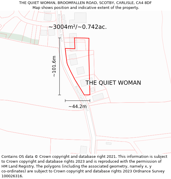 THE QUIET WOMAN, BROOMFALLEN ROAD, SCOTBY, CARLISLE, CA4 8DF: Plot and title map