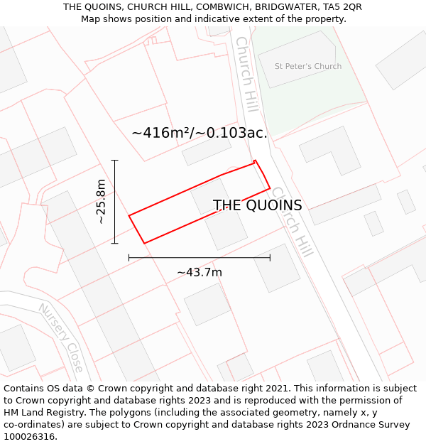 THE QUOINS, CHURCH HILL, COMBWICH, BRIDGWATER, TA5 2QR: Plot and title map