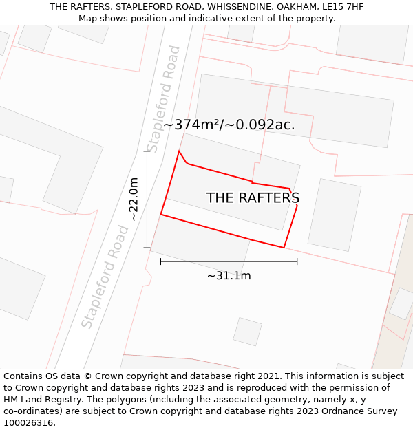 THE RAFTERS, STAPLEFORD ROAD, WHISSENDINE, OAKHAM, LE15 7HF: Plot and title map