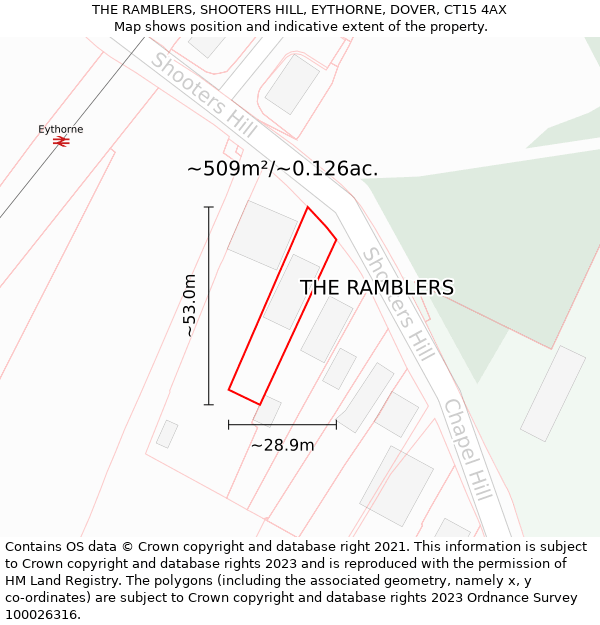 THE RAMBLERS, SHOOTERS HILL, EYTHORNE, DOVER, CT15 4AX: Plot and title map