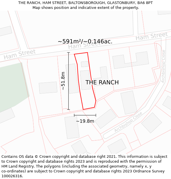 THE RANCH, HAM STREET, BALTONSBOROUGH, GLASTONBURY, BA6 8PT: Plot and title map