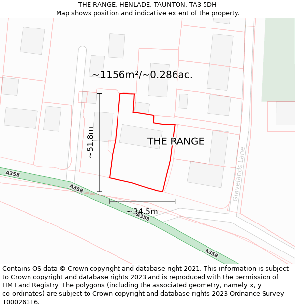 THE RANGE, HENLADE, TAUNTON, TA3 5DH: Plot and title map