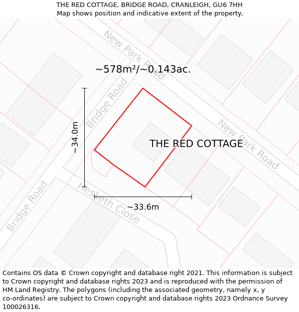 THE RED COTTAGE, BRIDGE ROAD, CRANLEIGH, GU6 7HH: Plot and title map