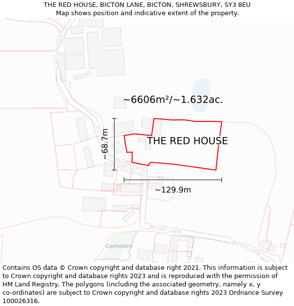 THE RED HOUSE, BICTON LANE, BICTON, SHREWSBURY, SY3 8EU: Plot and title map