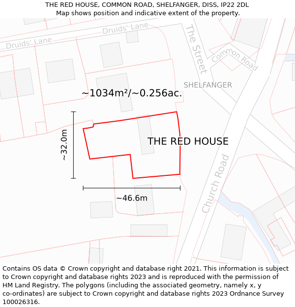 THE RED HOUSE, COMMON ROAD, SHELFANGER, DISS, IP22 2DL: Plot and title map