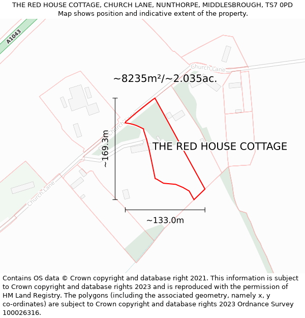 THE RED HOUSE COTTAGE, CHURCH LANE, NUNTHORPE, MIDDLESBROUGH, TS7 0PD: Plot and title map