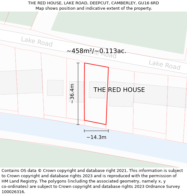 THE RED HOUSE, LAKE ROAD, DEEPCUT, CAMBERLEY, GU16 6RD: Plot and title map