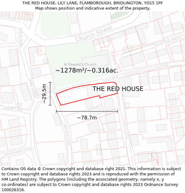THE RED HOUSE, LILY LANE, FLAMBOROUGH, BRIDLINGTON, YO15 1PF: Plot and title map