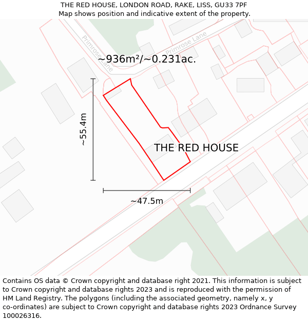 THE RED HOUSE, LONDON ROAD, RAKE, LISS, GU33 7PF: Plot and title map