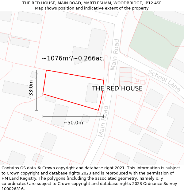 THE RED HOUSE, MAIN ROAD, MARTLESHAM, WOODBRIDGE, IP12 4SF: Plot and title map