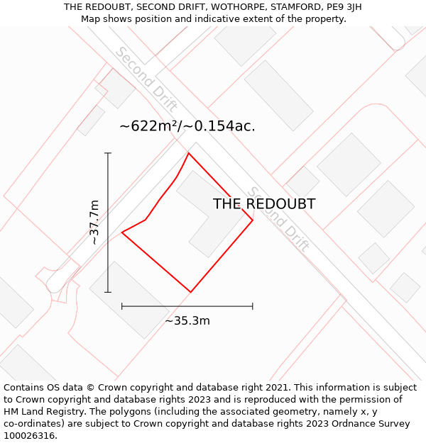 THE REDOUBT, SECOND DRIFT, WOTHORPE, STAMFORD, PE9 3JH: Plot and title map