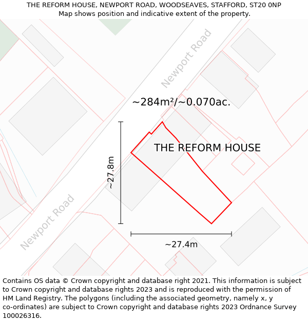 THE REFORM HOUSE, NEWPORT ROAD, WOODSEAVES, STAFFORD, ST20 0NP: Plot and title map