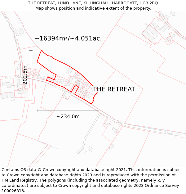 THE RETREAT, LUND LANE, KILLINGHALL, HARROGATE, HG3 2BQ: Plot and title map