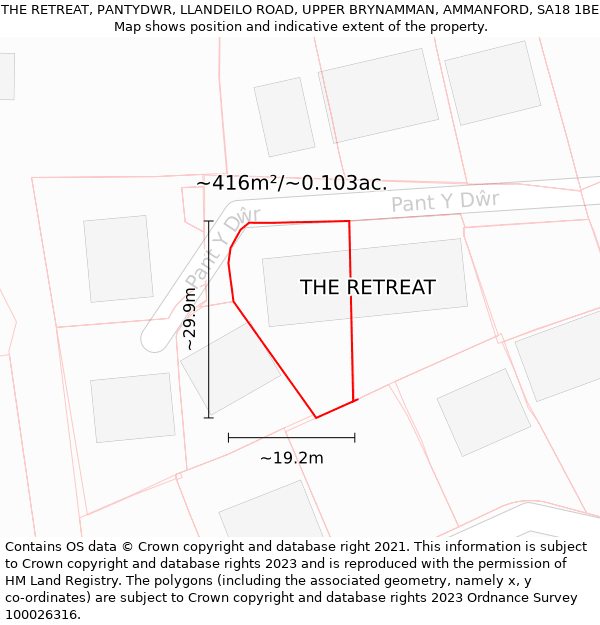 THE RETREAT, PANTYDWR, LLANDEILO ROAD, UPPER BRYNAMMAN, AMMANFORD, SA18 1BE: Plot and title map