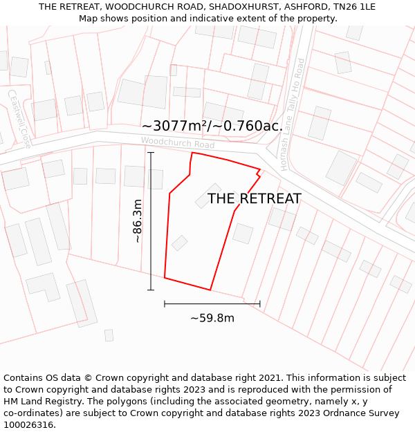 THE RETREAT, WOODCHURCH ROAD, SHADOXHURST, ASHFORD, TN26 1LE: Plot and title map