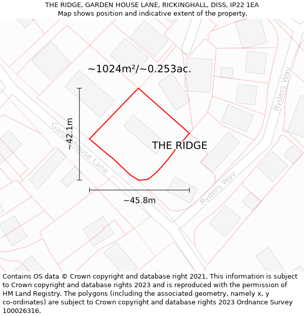 THE RIDGE, GARDEN HOUSE LANE, RICKINGHALL, DISS, IP22 1EA: Plot and title map