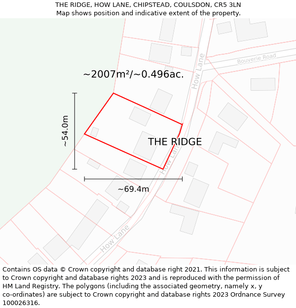 THE RIDGE, HOW LANE, CHIPSTEAD, COULSDON, CR5 3LN: Plot and title map