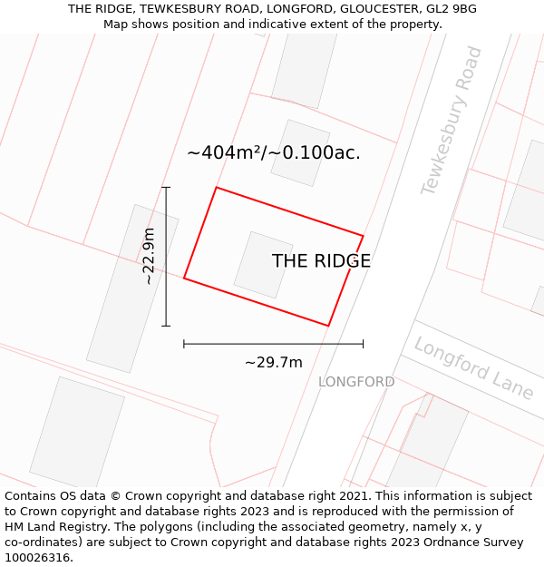 THE RIDGE, TEWKESBURY ROAD, LONGFORD, GLOUCESTER, GL2 9BG: Plot and title map