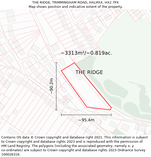 THE RIDGE, TRIMMINGHAM ROAD, HALIFAX, HX2 7PX: Plot and title map
