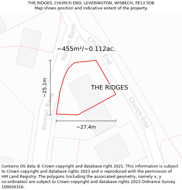THE RIDGES, CHURCH END, LEVERINGTON, WISBECH, PE13 5DB: Plot and title map