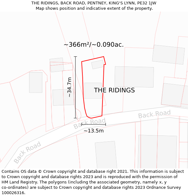 THE RIDINGS, BACK ROAD, PENTNEY, KING'S LYNN, PE32 1JW: Plot and title map