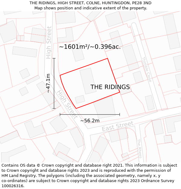 THE RIDINGS, HIGH STREET, COLNE, HUNTINGDON, PE28 3ND: Plot and title map