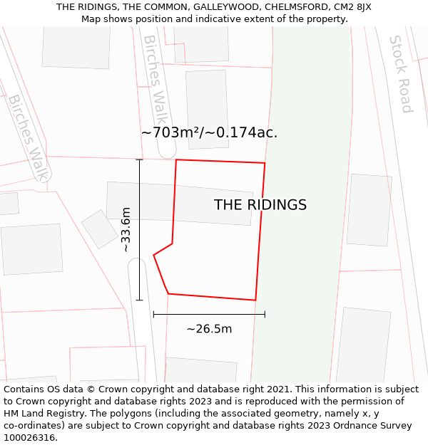 THE RIDINGS, THE COMMON, GALLEYWOOD, CHELMSFORD, CM2 8JX: Plot and title map