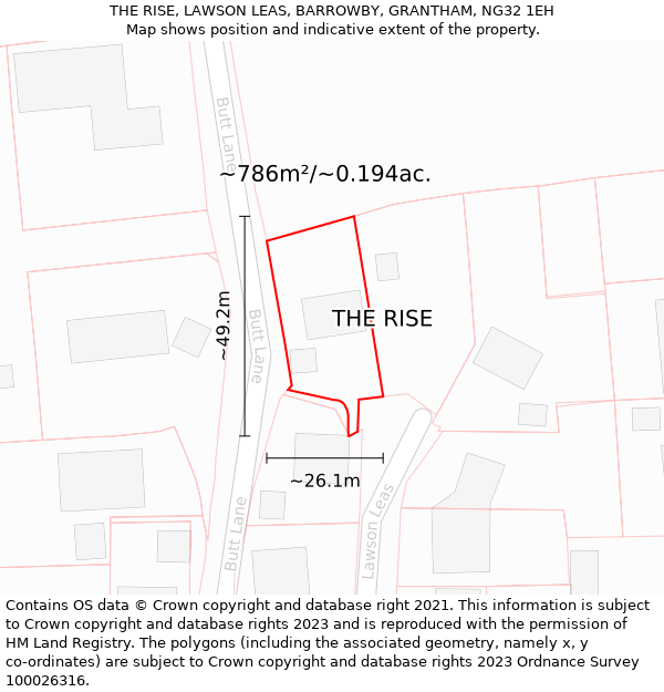 THE RISE, LAWSON LEAS, BARROWBY, GRANTHAM, NG32 1EH: Plot and title map
