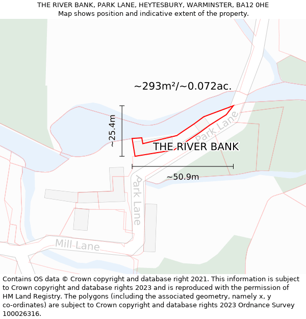 THE RIVER BANK, PARK LANE, HEYTESBURY, WARMINSTER, BA12 0HE: Plot and title map
